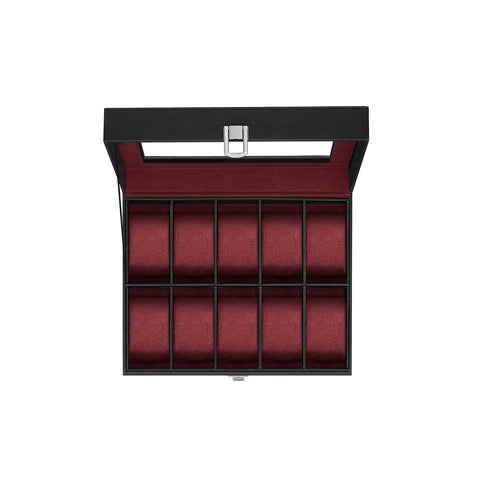 Rootz Watch Box - Black PU Cover - Wine Red Velvet Lining - MDF Material - Glass Lid - 20.2cm x 25.5cm x 7.8cm - 0.9kg