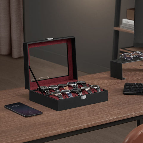 Rootz Watch Box - Black PU Cover - Wine Red Velvet Lining - MDF Material - Glass Lid - 20.2cm x 25.5cm x 7.8cm - 0.9kg