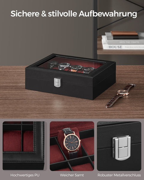 Rootz Watch Box - Black PU Cover - Wine Red Velvet Lining - MDF Material - Glass Lid - 20.2cm x 25.5cm x 7.8cm - 0.9kg
