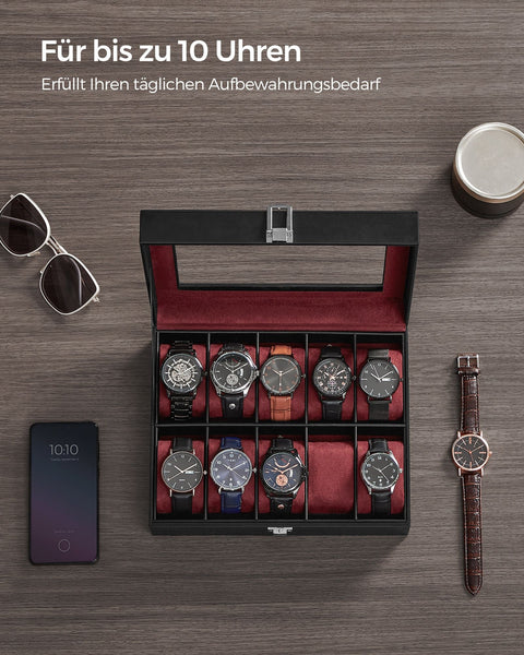 Rootz Watch Box - Black PU Cover - Wine Red Velvet Lining - MDF Material - Glass Lid - 20.2cm x 25.5cm x 7.8cm - 0.9kg