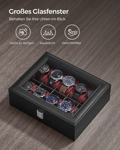 Rootz Watch Box - Black PU Cover - Wine Red Velvet Lining - MDF Material - Glass Lid - 20.2cm x 25.5cm x 7.8cm - 0.9kg