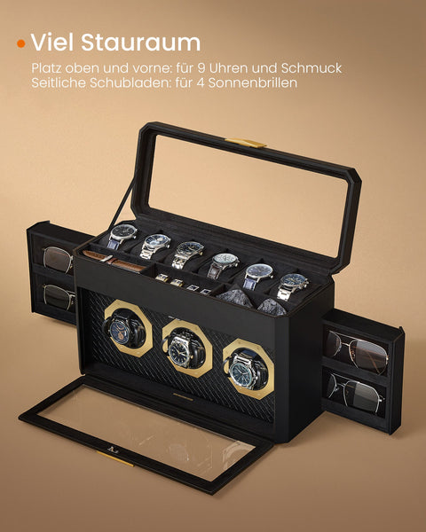 Rootz Watch Box for 9 Watches - Display Case - Jewelry Organizer - Protects Watches - 16.2 x 40 x 25.3 cm - Black