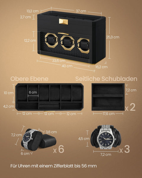 Rootz Watch Box for 9 Watches - Display Case - Jewelry Organizer - Protects Watches - 16.2 x 40 x 25.3 cm - Black