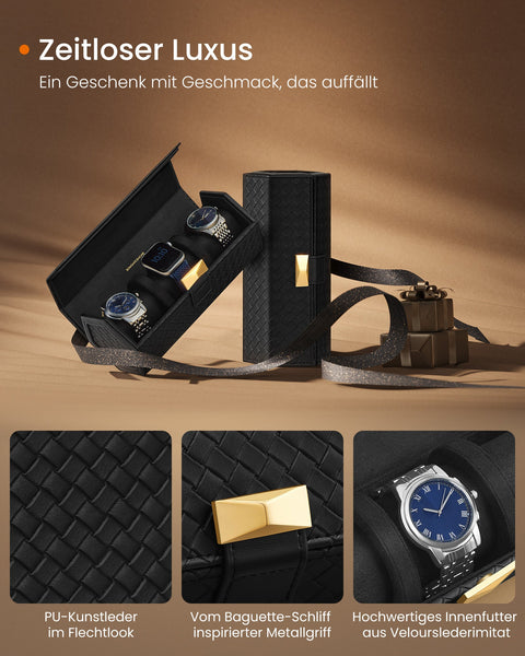 Rootz Portable Watch Box with Secret Compartment - Wristwatch Organizer - Hidden Storage - PU Leather - 9.8cm x 21.2cm x 8.7cm