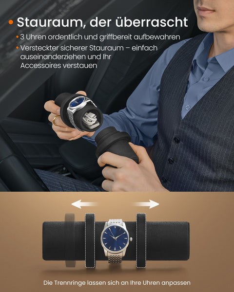 Rootz Portable Watch Box with Secret Compartment - Wristwatch Organizer - Hidden Storage - PU Leather - 9.8cm x 21.2cm x 8.7cm