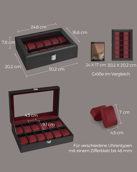 Rootz Watch Box Organizer - Timepiece Storage Case - Jewelry Holder - MDF - PU & Velvet Lining - 20.2cm x 30.2cm x 7.8cm