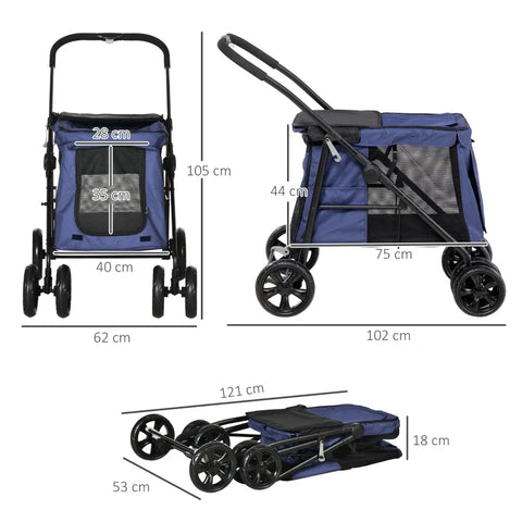 Rootz kinderwagen voor huisdieren - opvouwbare honden- en kattenwagen - reiswagen voor huisdieren met 4 wielen - kussen - veiligheidslijnen - opbergzakken - voor kleine en middelgrote honden - donkerblauw - 102 cm x 62 cm x 105 cm