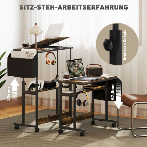 Rootz Height Adjustable Standing Desk - Tilting Table - Mobile Office Desk - Comfort & Storage - 92cm x 40cm x 67.5-104cm