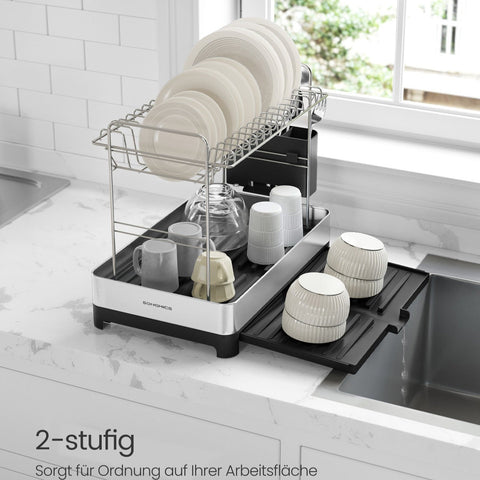 Rootz Stainless Steel Dish Drainer - 2 Tier Rack - Kitchen Organiser - Lightweight - 33.4cm x 40cm x (25-44cm)