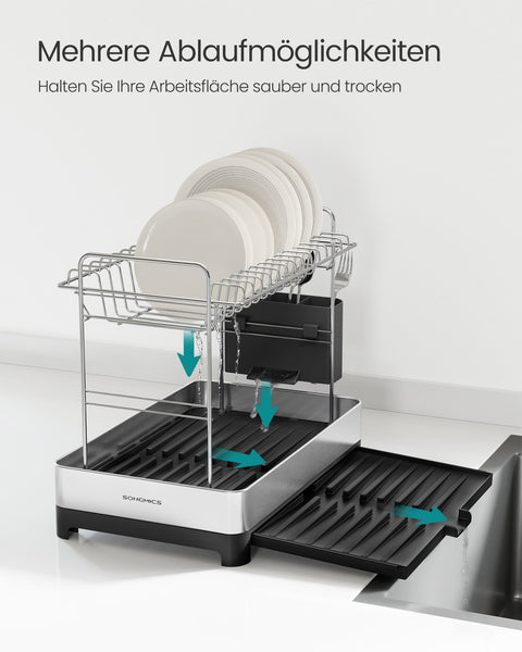 Rootz Stainless Steel Dish Drainer - 2 Tier Rack - Kitchen Organiser - Lightweight - 33.4cm x 40cm x (25-44cm)