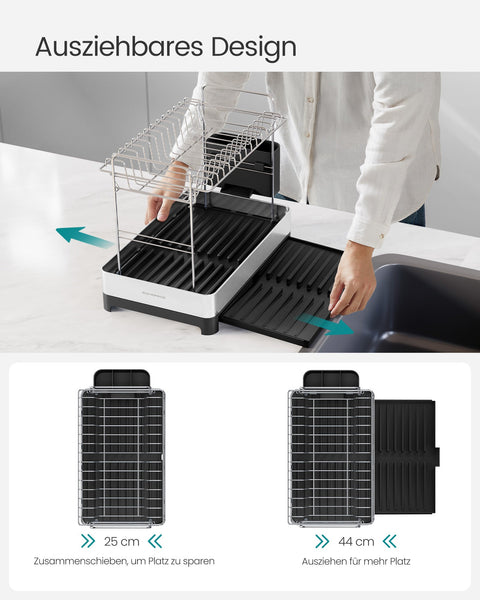 Rootz Stainless Steel Dish Drainer - 2 Tier Rack - Kitchen Organiser - Lightweight - 33.4cm x 40cm x (25-44cm)
