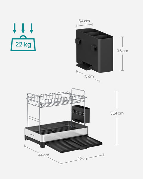 Rootz Stainless Steel Dish Drainer - 2 Tier Rack - Kitchen Organiser - Lightweight - 33.4cm x 40cm x (25-44cm)