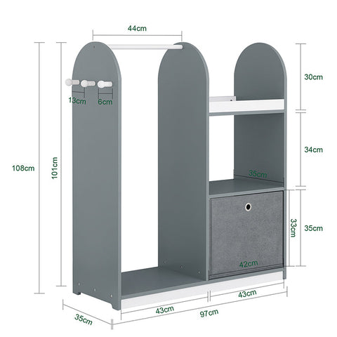 Rootz Kid's Wardrobe - Children's Closet - Nursery Storage - Ample Space - 97x108x35cm - MDF Material - Includes Fabric Box & Hooks
