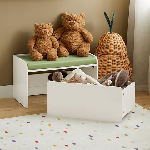 Rootz Toy Chest with Seat Cushion - Bench - Storage Box for Children - Movable with Wheels - Load Capacity 100kg - Green White - 60cm x 35cm x 34cm