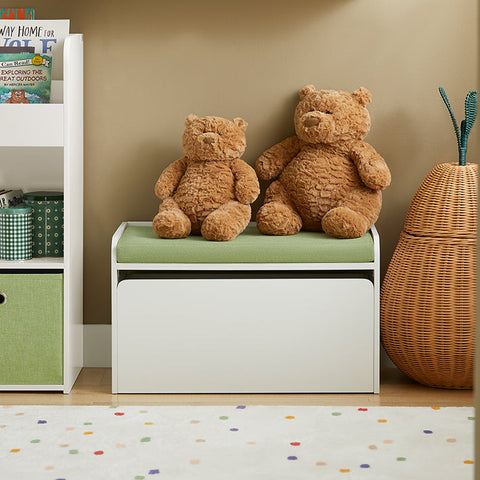 Rootz Toy Chest with Seat Cushion - Bench - Storage Box for Children - Movable with Wheels - Load Capacity 100kg - Green White - 60cm x 35cm x 34cm