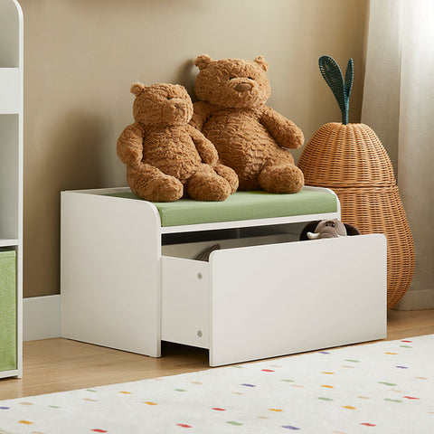 Rootz Toy Chest with Seat Cushion - Bench - Storage Box for Children - Movable with Wheels - Load Capacity 100kg - Green White - 60cm x 35cm x 34cm