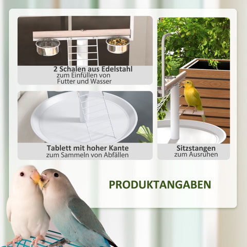 Rootz Bird Table - Bird Perch Stand - Parrot Playstand - Steel & Wood - 2 Stainless Steel Bowls - Portable - 60cm x 138cm