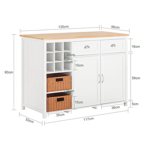 Rootz Kitchen Island - Bar Table - Beverage Station - Storage Cabinet - Rubberwood Top - 120cm x 90cm x 56cm