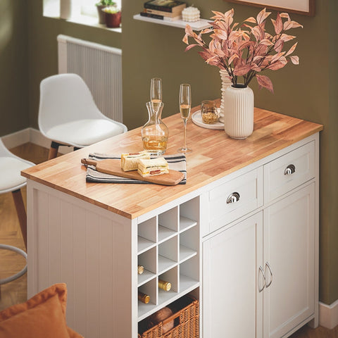 Rootz Kitchen Island - Bar Table - Beverage Station - Storage Cabinet - Rubberwood Top - 120cm x 90cm x 56cm