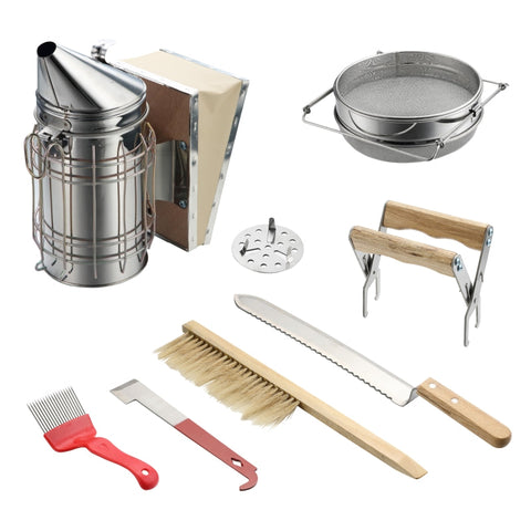 Rootz Beekeeping Set - 7-Piece Honey Harvesting Kit - Stainless Steel Tools - Hive Chisel - Uncapping Knife - 28.5cm Smoker