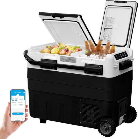 Rootz 2 Zone Compressor Cool Box - Electric Car Refrigerator - Portable Camping Freezer - Battery Protection - 30L/40L/50L - 12V/24V - APP Controlled - 20°C Cooling - 2.5m DC Cable