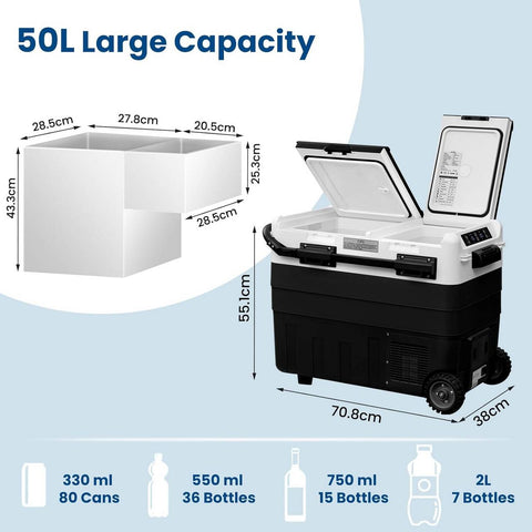 Rootz 2 Zone Compressor Cool Box - Electric Car Refrigerator - Portable Camping Freezer - Battery Protection - 30L/40L/50L - 12V/24V - APP Controlled - 20°C Cooling - 2.5m DC Cable