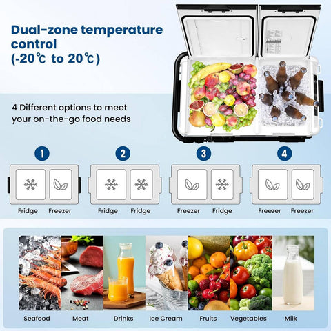 Rootz 2 Zone Compressor Cool Box - Electric Car Refrigerator - Portable Camping Freezer - Battery Protection - 30L/40L/50L - 12V/24V - APP Controlled - 20°C Cooling - 2.5m DC Cable
