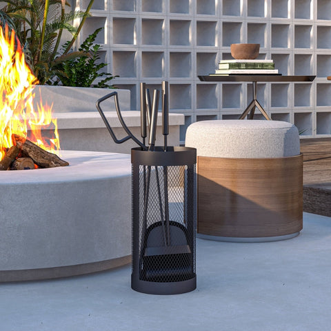 Rootz Fireplace Cutlery Set - 5-Piece Fire Tool Accessories - Metal Construction - Black Coating - Space-Saving Design - 33.5cm x 16cm x 47cm