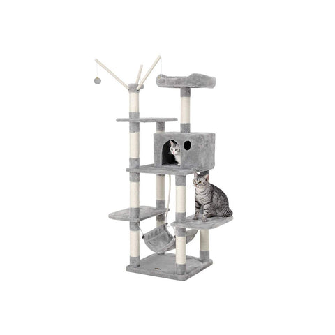 Rootz Scratching Post - Artificial Linen - Cat-friendly Soft - Large Platform - Scratching Board - 2 Caves - Space-saving Cat - Carb Certified Chipboard Plush-sisal - Light Gray - 35 x 25 x 30 cm (W x H x D)