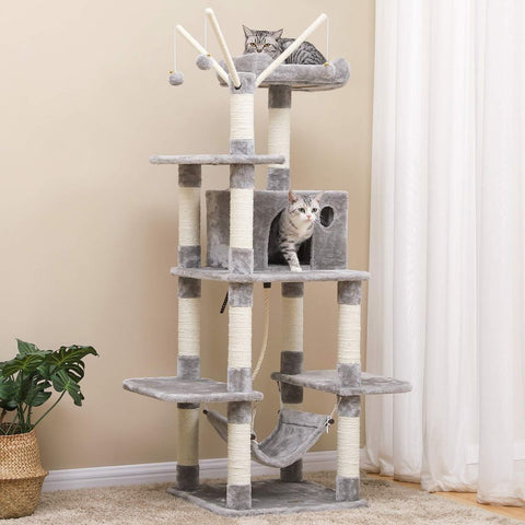 Rootz Scratching Post - Artificial Linen - Cat-friendly Soft - Large Platform - Scratching Board - 2 Caves - Space-saving Cat - Carb Certified Chipboard Plush-sisal - Light Gray - 35 x 25 x 30 cm (W x H x D)