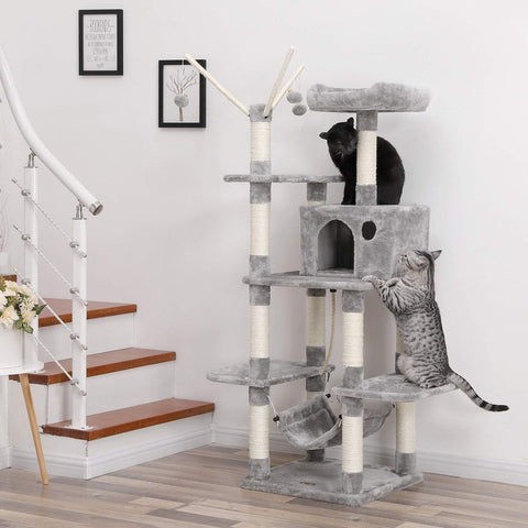 Rootz Scratching Post - Artificial Linen - Cat-friendly Soft - Large Platform - Scratching Board - 2 Caves - Space-saving Cat - Carb Certified Chipboard Plush-sisal - Light Gray - 35 x 25 x 30 cm (W x H x D)