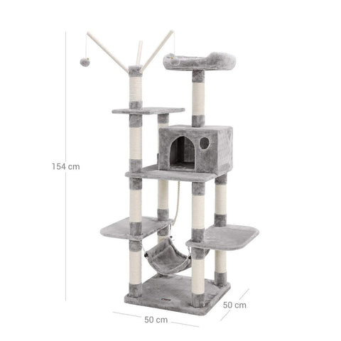 Rootz Scratching Post - Artificial Linen - Cat-friendly Soft - Large Platform - Scratching Board - 2 Caves - Space-saving Cat - Carb Certified Chipboard Plush-sisal - Light Gray - 35 x 25 x 30 cm (W x H x D)