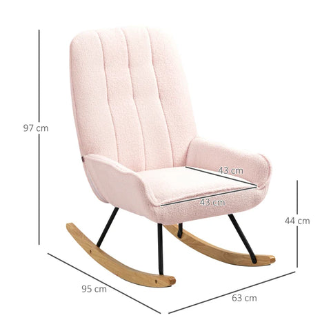 Rootz Rocking Chair - Modern Design Rocking Chair - Sherpa Fleece - Rubber Wood - Quilting - Natural + Pink - 63 cm x 95 cm x 97 cm
