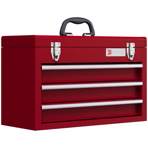 Rootz Tool Box - Steel Tool Case - Portable Tool Organizer - 3 Drawers - Top Storage Compartment - Secure Lock - 51cm x 22cm x 32cm