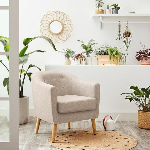 Rootz Beige Lounge Chair - Wooden Chair - Cotton-Linen Blend - Comfortable Foam - 69cm x 68.5cm x 77cm - Indoor/Outdoor Furniture
