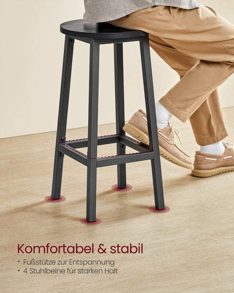 Rootz 2 Piece Set Bar Stools - Bar Chairs - Tall Chairs - Footrest Comfort - 32cm x 65cm - Black