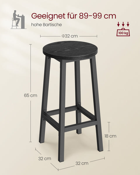 Rootz 2 Piece Set Bar Stools - Bar Chairs - Tall Chairs - Footrest Comfort - 32cm x 65cm - Black