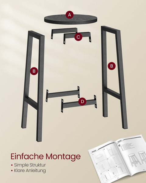 Rootz 2 Piece Set Bar Stools - Bar Chairs - Tall Chairs - Footrest Comfort - 32cm x 65cm - Black