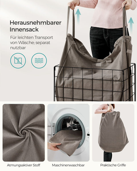 Rootz Laundry Basket Set - Clothes Hamper - Storage Bin - Steel Frame - Cotton-Polyester Blend - 58cm x 33cm x 58cm - 110L Capacity - Lightweight - Durable - Easy to Assemble