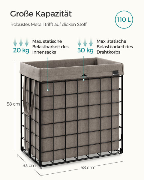 Rootz Laundry Basket Set - Clothes Hamper - Storage Bin - Steel Frame - Cotton-Polyester Blend - 58cm x 33cm x 58cm - 110L Capacity - Lightweight - Durable - Easy to Assemble