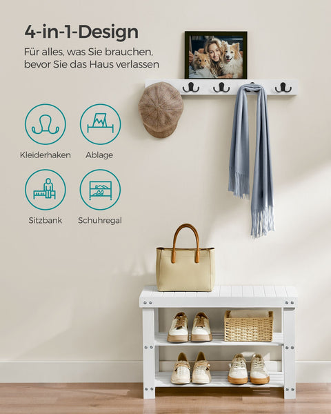 Rootz Schoenenbank en Kapstokset - Halorganisator - Bamboemeubels - Metalen haken - Wolkwit - 28,7 cm x 70,1 cm x 45,3 cm - Wandmontage - Zwaar uitgevoerd - Eenvoudige montage