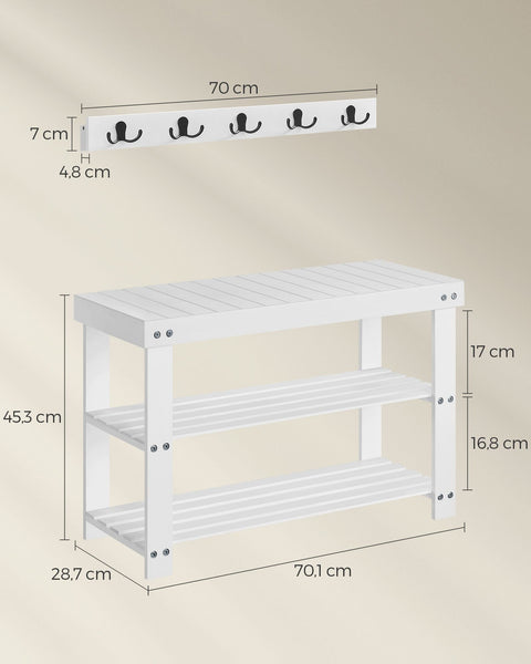 Rootz Schoenenbank en Kapstokset - Halorganisator - Bamboemeubels - Metalen haken - Wolkwit - 28,7 cm x 70,1 cm x 45,3 cm - Wandmontage - Zwaar uitgevoerd - Eenvoudige montage