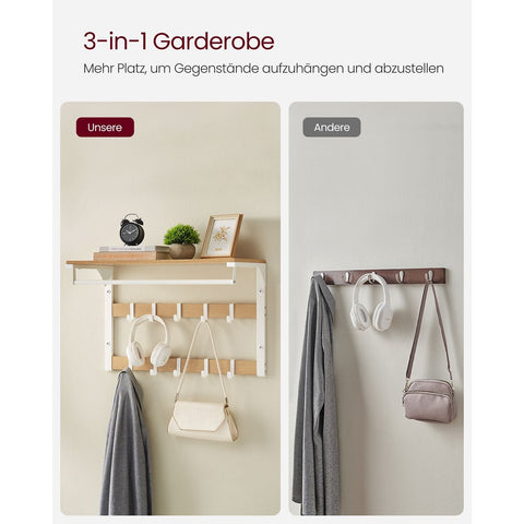 Rootz Wall Coat Rack - Oak White - Chipboard Steel - Large Storage - Easy Assembly - 30cm x 65cm x 42cm
