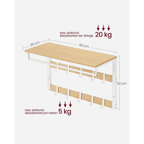Rootz Wall Coat Rack - Oak White - Chipboard Steel - Large Storage - Easy Assembly - 30cm x 65cm x 42cm