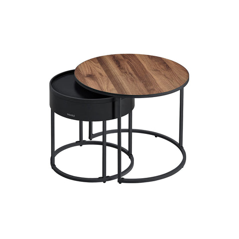 Rootz 2 Piece Set Coffee Table - Walnut Black - Round Accent Tables - MDF Chipboard Steel - 60cm x 60cm x 45cm & 44cm x 44cm x 42cm
