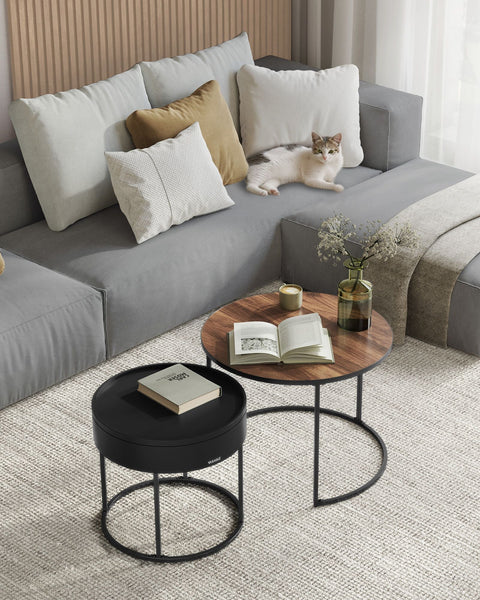 Rootz 2 Piece Set Coffee Table - Walnut Black - Round Accent Tables - MDF Chipboard Steel - 60cm x 60cm x 45cm & 44cm x 44cm x 42cm