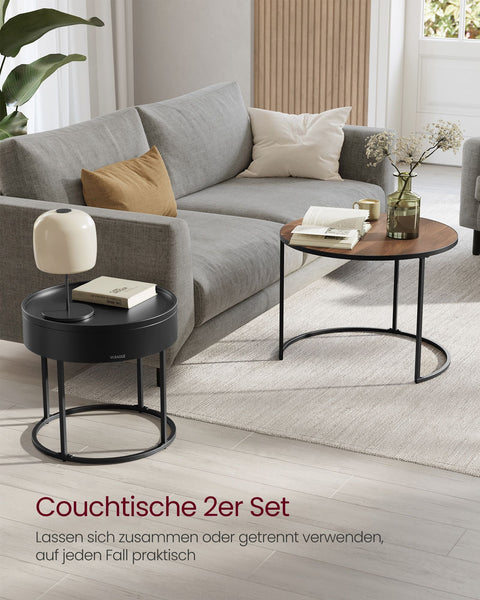 Rootz 2 Piece Set Coffee Table - Walnut Black - Round Accent Tables - MDF Chipboard Steel - 60cm x 60cm x 45cm & 44cm x 44cm x 42cm