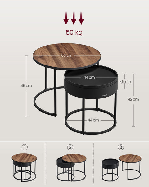 Rootz 2 Piece Set Coffee Table - Walnut Black - Round Accent Tables - MDF Chipboard Steel - 60cm x 60cm x 45cm & 44cm x 44cm x 42cm