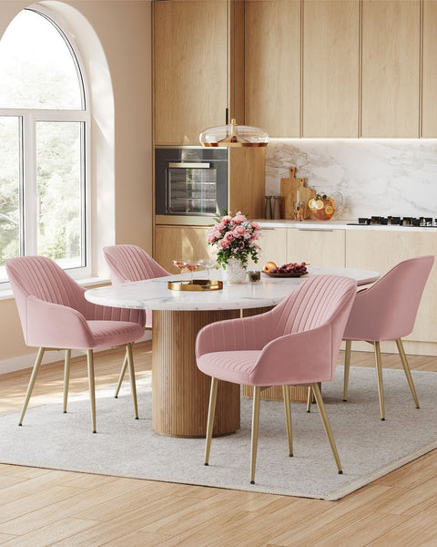 Rootz Velvet Chair - Blush Pink-Gold - Metal Legs - Wooden Top - Foam Padding - 60cm x 62.5cm x 85cm - Seat Cushion 7cm