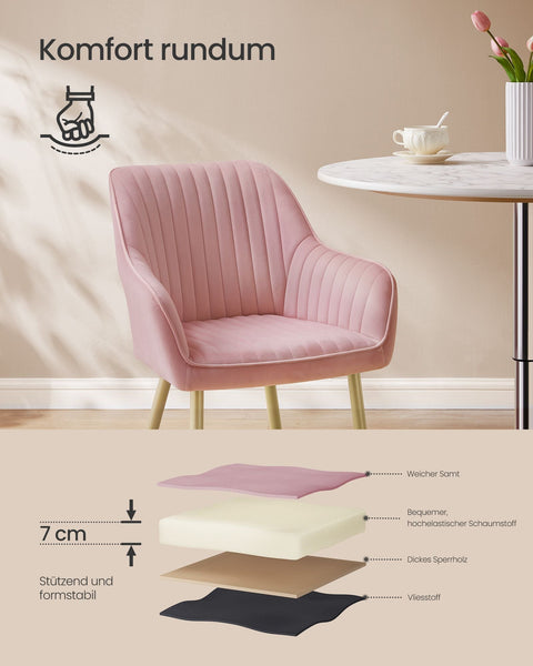 Rootz Velvet Chair - Blush Pink-Gold - Metal Legs - Wooden Top - Foam Padding - 60cm x 62.5cm x 85cm - Seat Cushion 7cm